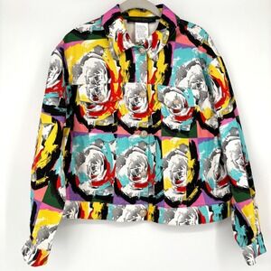 Marina Rinaldi Graphic Denim Jacket Sz 12 Multicolor Rose Print Avant Garde
